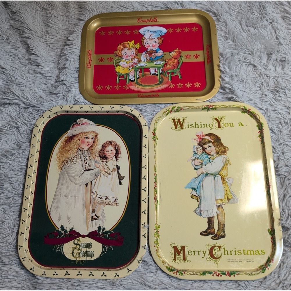 Vintage Lot of 3 Tin Serving Trays 1 Coca Cola Christmas 80's 90's Collectibles‎